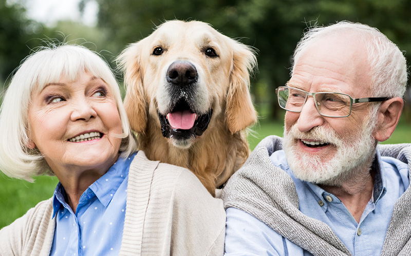 Retired couple feeling happy with their dog outside