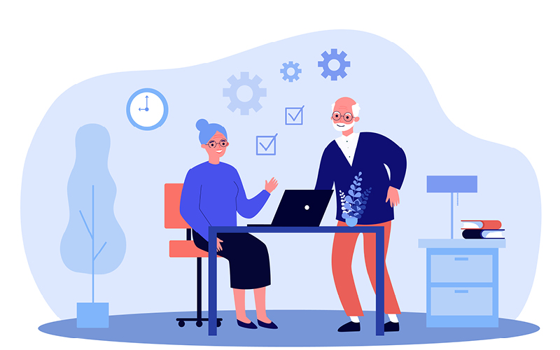 Retirees planning for retirement on a computer.